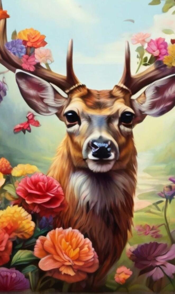 A deer sit in a flower garden, butterfly flying, colourful