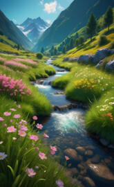 a stream with flowers and plants