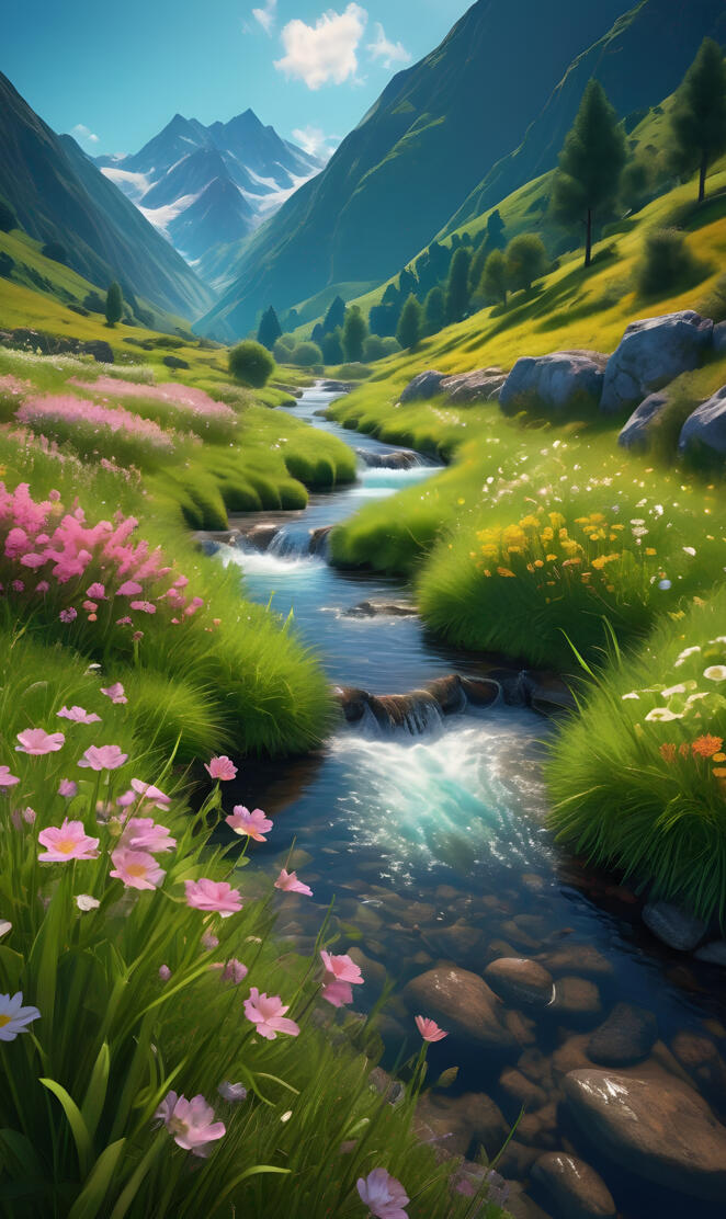 a stream with flowers and plants