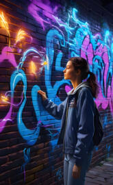 a Woman looking upon a Graffiti wall