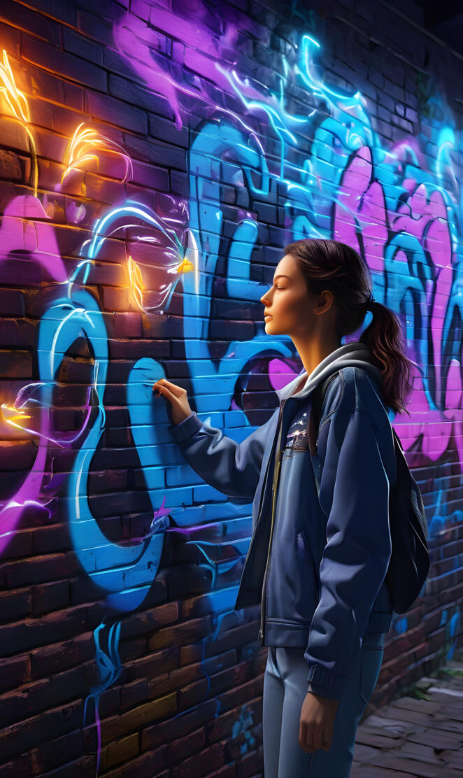 a Woman looking upon a Graffiti wall