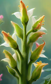Several clusters of blooming okra flowers from near and far