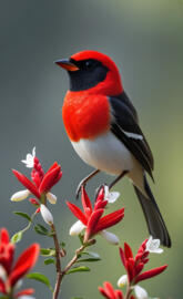 Vibrant red bird perched on blooming flowers in a serene nature