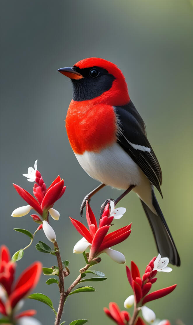 Vibrant red bird perched on blooming flowers in a serene nature