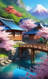 a bridge over a river with a house and mountains in the background