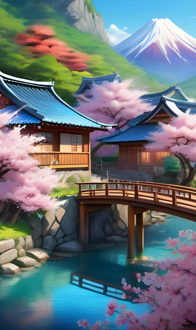 a bridge over a river with a house and mountains in the background