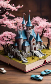 a toy castle with cars and trees