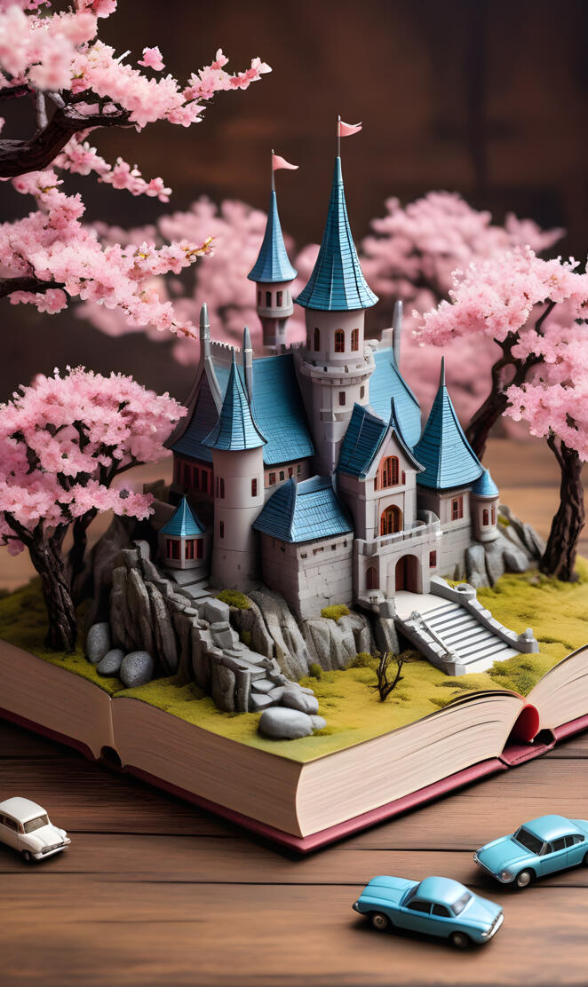 a toy castle with cars and trees