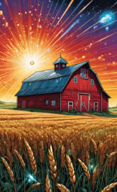 a barn with a large firework in the background