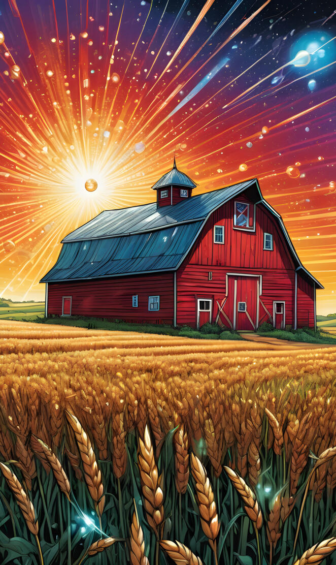 a barn with a large firework in the background