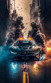 The image captures a vibrant scene of a car driving through a city str