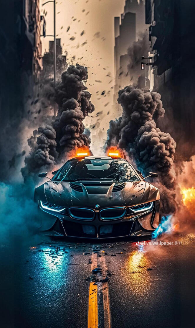 The image captures a vibrant scene of a car driving through a city str