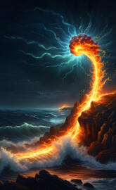 a volcano erupting at night