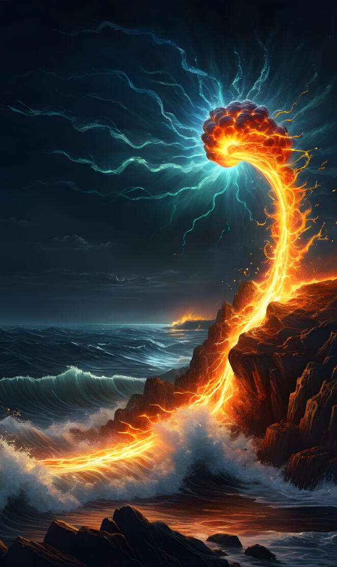 a volcano erupting at night