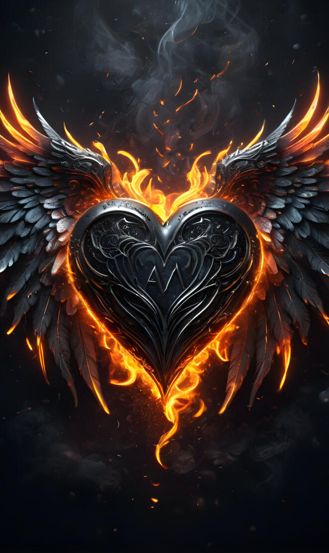 etched heart with fire outline