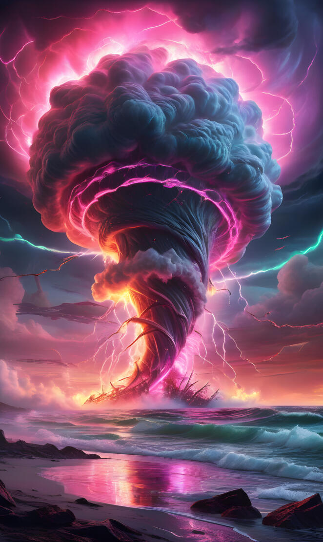 a volcano erupting at night