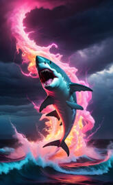 a shark with a red and blue background