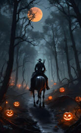 a person riding a horse through a forest with pumpkins on the ground