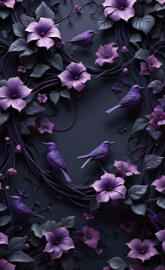 a group of purple flowers & birds