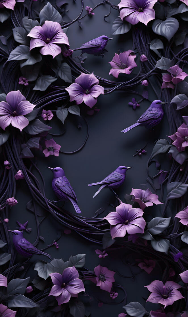 a group of purple flowers & birds