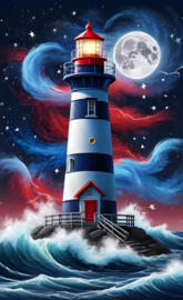a lighthouse in the night sky