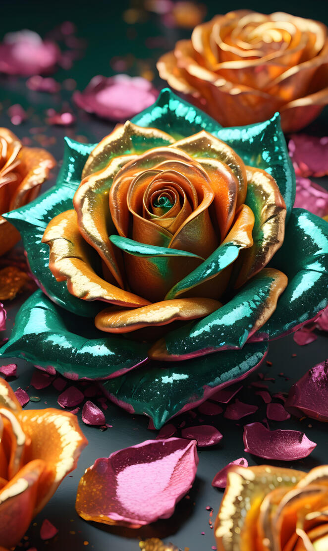 a colorful flower with a green center