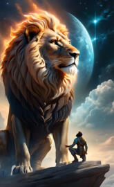 Insignificant human in front of celestial lion.