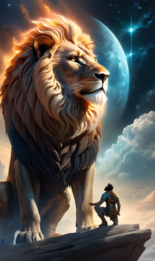 Insignificant human in front of celestial lion.