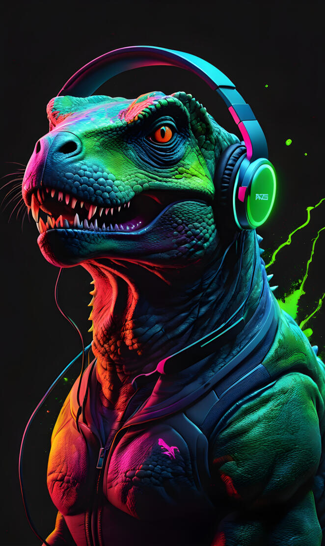 Dino listening to music