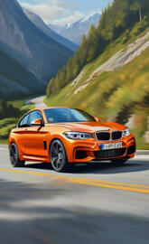an orange sports car driving on a road with mountains in the
