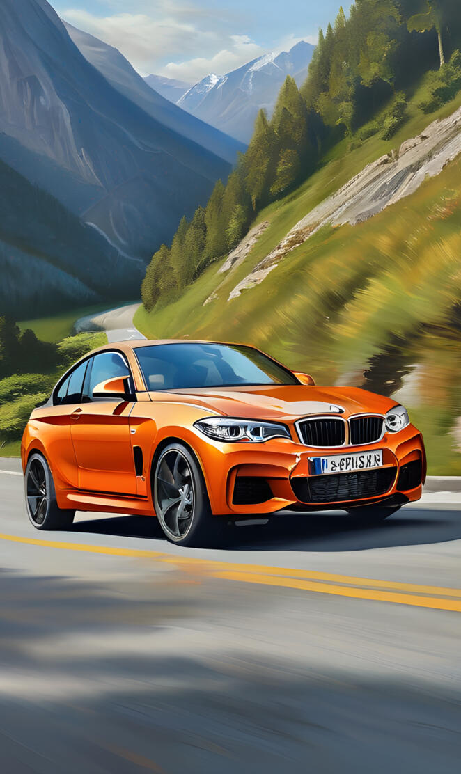 an orange sports car driving on a road with mountains in the