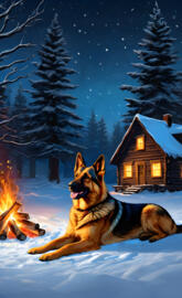 German Shepherd by Fire