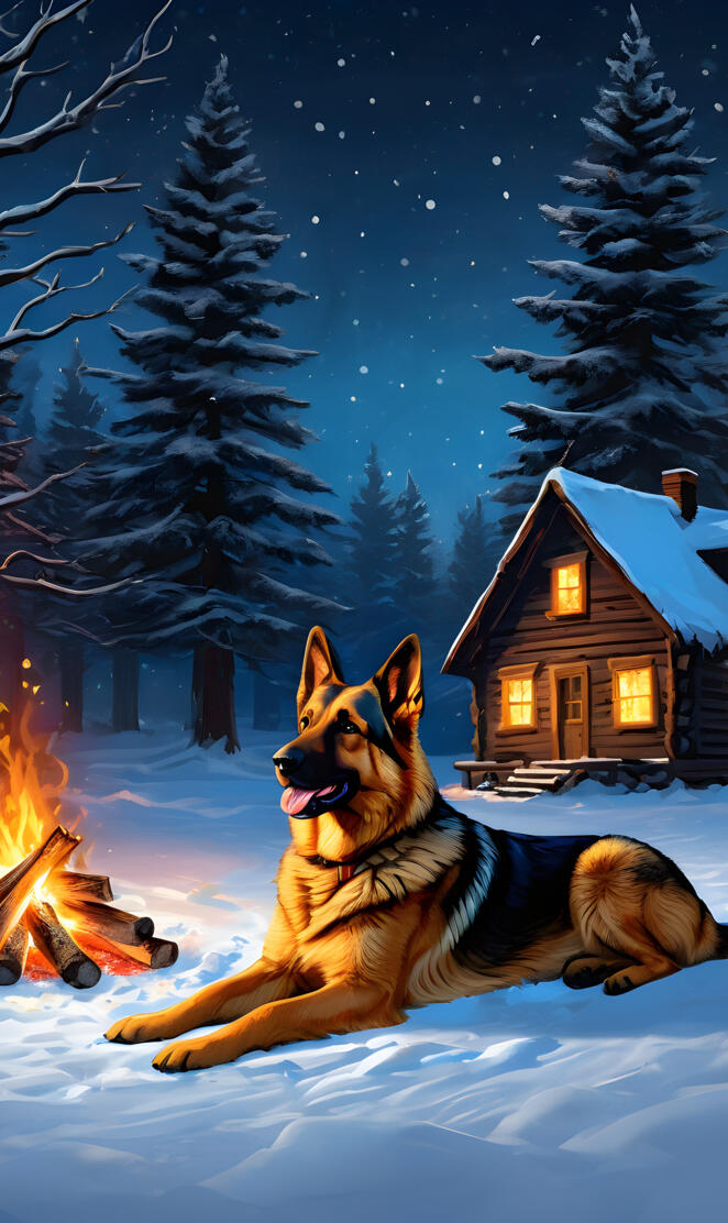 German Shepherd by Fire