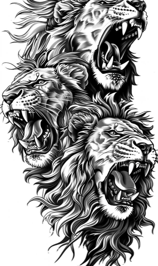 Three lions roaring tattoo