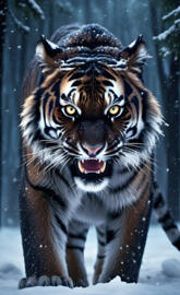 midnight black tiger roaring snowy woods