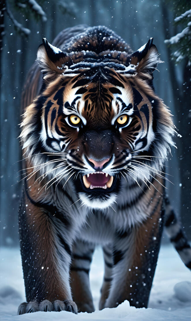 midnight black tiger roaring snowy woods
