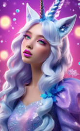 a person with purple hair and a unicorn horn