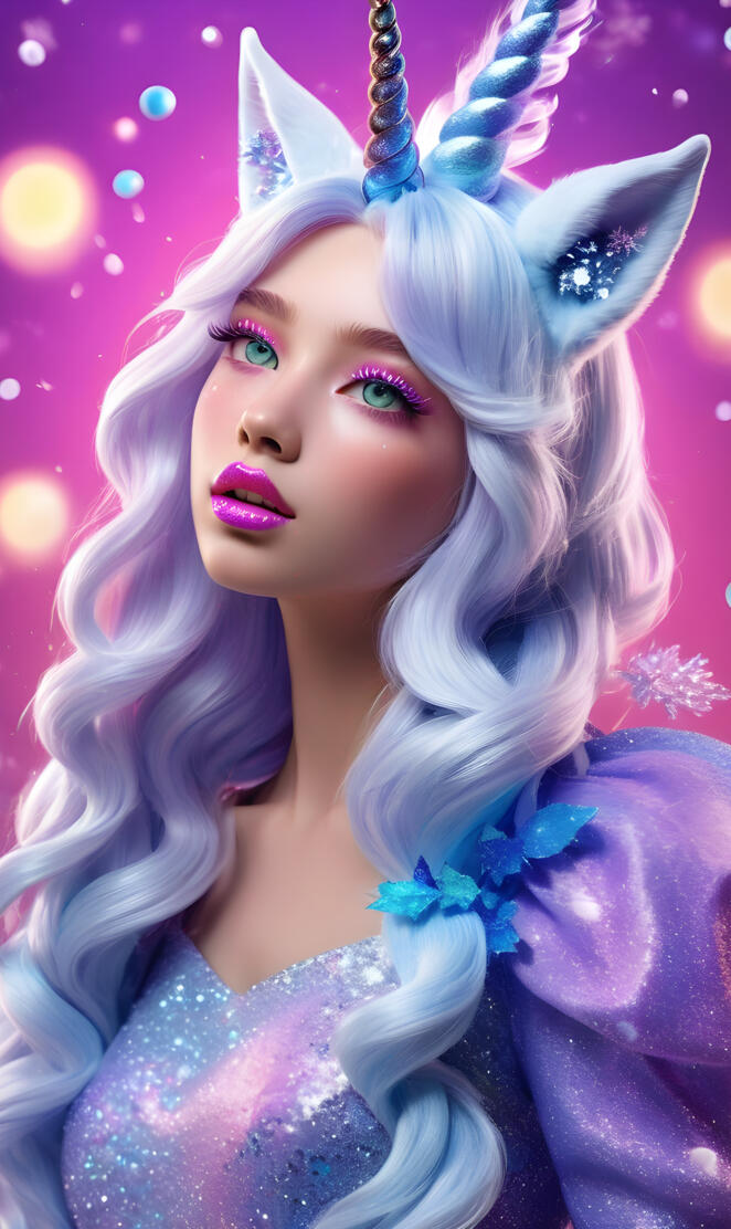 a person with purple hair and a unicorn horn