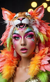 a person with colorful hair and a cat face