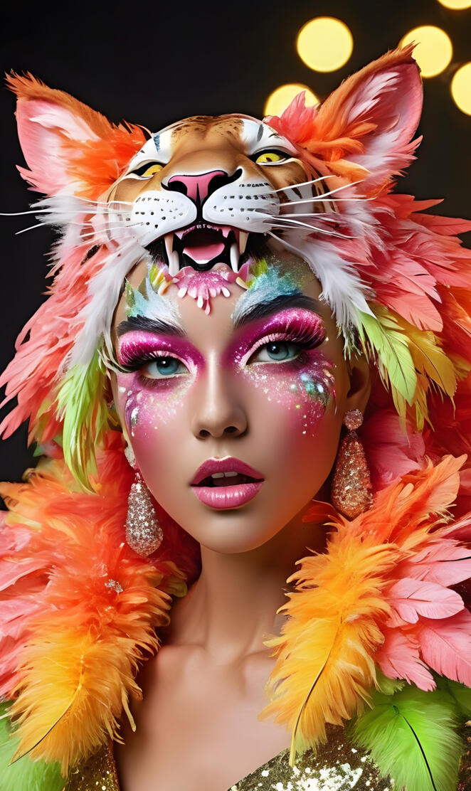 a person with colorful hair and a cat face