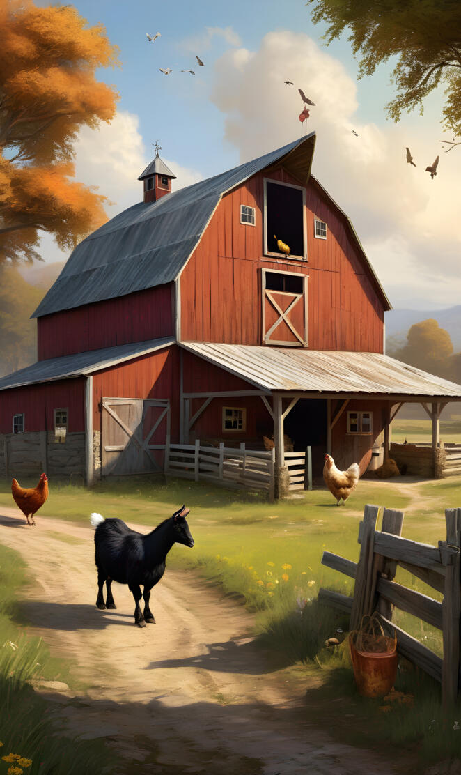 red barn chickens goats horses country