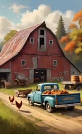 rustic barn and truck filled with chickens