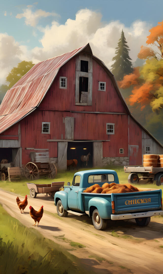 rustic barn and truck filled with chickens