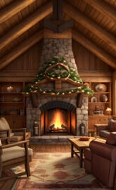 rustic cabin Christmas by the fireplace 2024