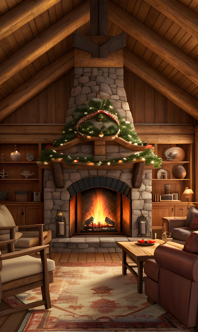 rustic cabin Christmas by the fireplace 2024