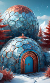 a large stone arch with a blue door and a red door