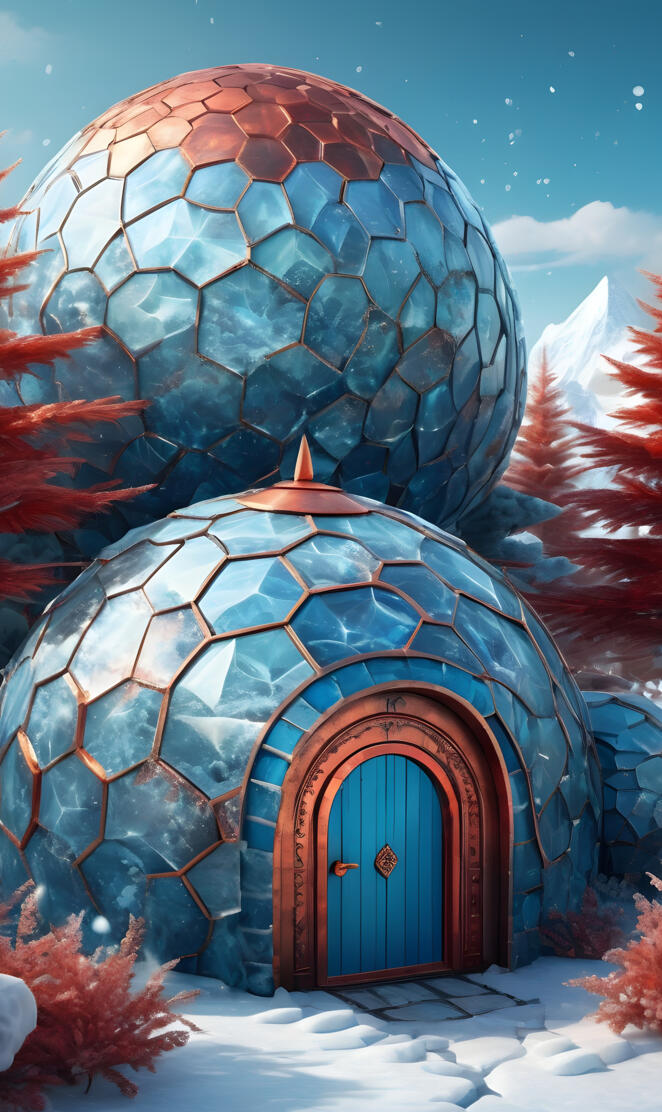 a large stone arch with a blue door and a red door