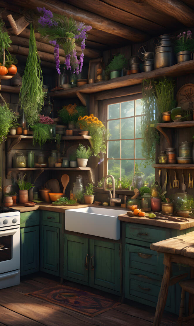 Rustic Herbal Cabin Kitchen