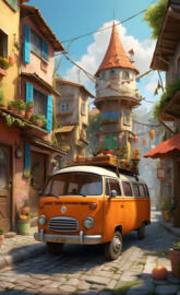 van in rustic village