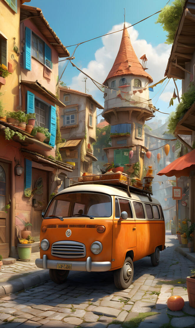 van in rustic village